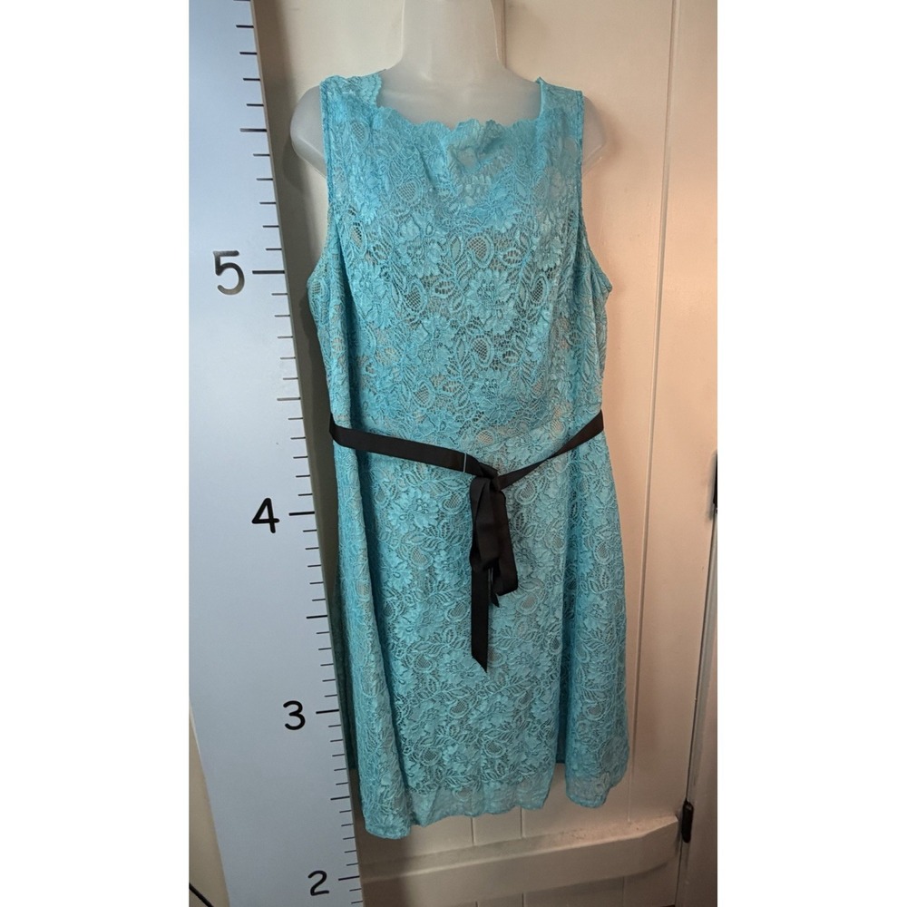 Calvin Klein Blue Lace Sleeveless Fit & Flare Dress Black Tie Belt Women's 20W